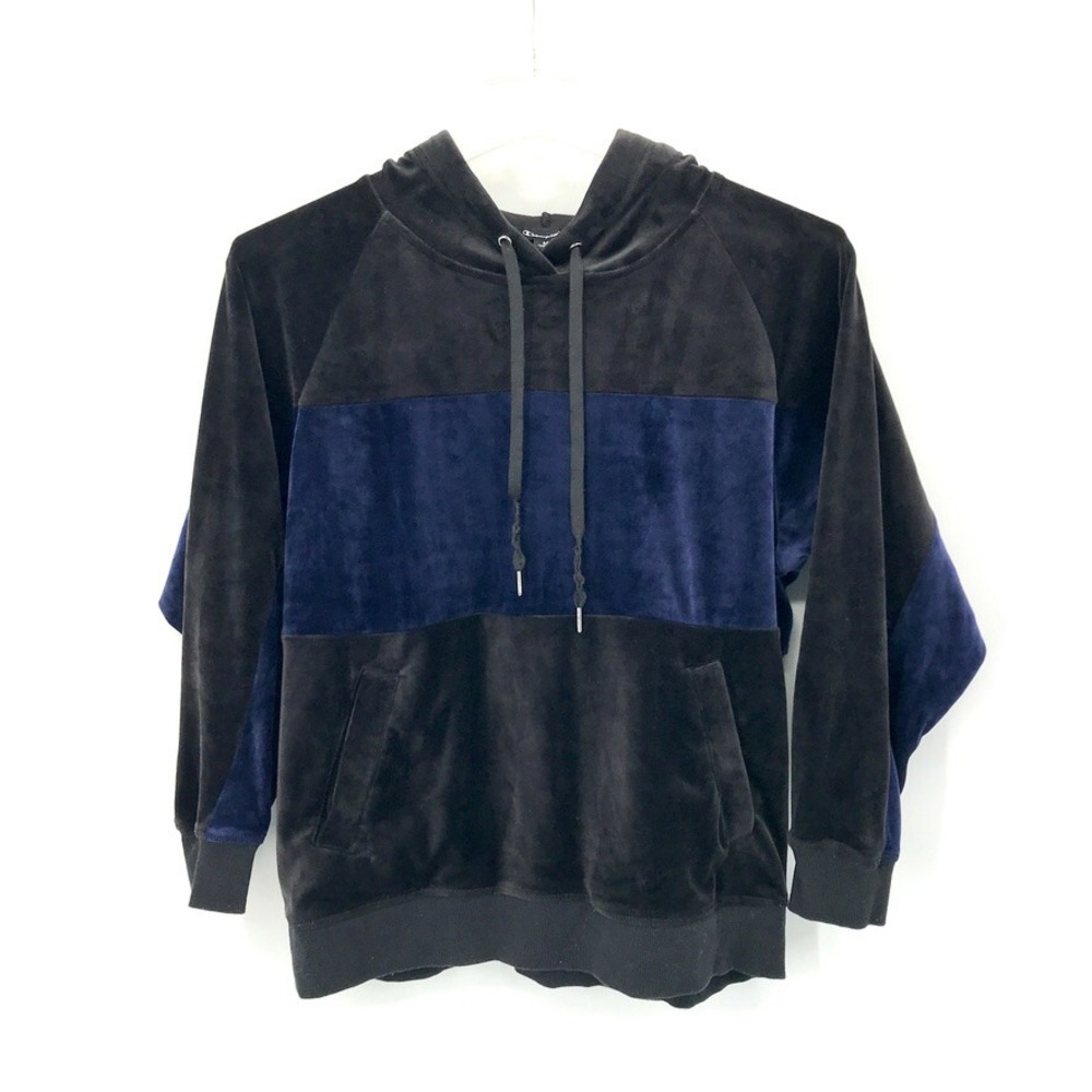 Champion Womens Hoodie Colorblock‎ Hoodie Size M Black Blue Velour Pockets